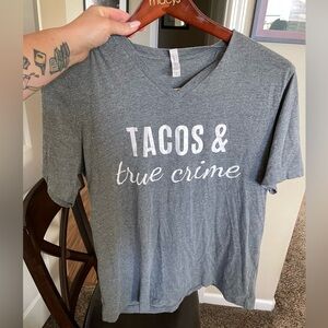 Gray T-Shirt with Tacos & True Crime Print